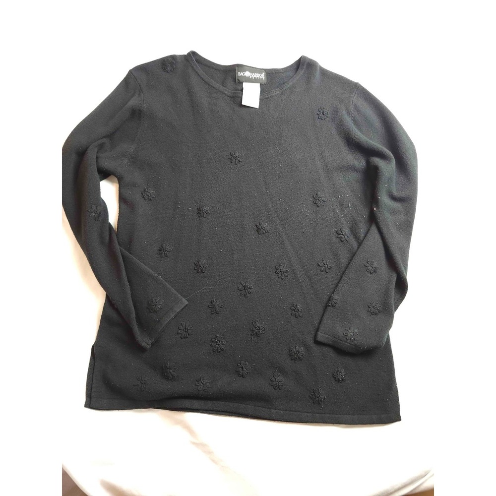 Vintage 90s Sag Harbor Sweater Womens PL Floral Embroidered Grandmacore